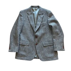 VTG PBM Harris Tweed Blazer Mens Grey Herringbone Wool Sport Coat Handwoven USA